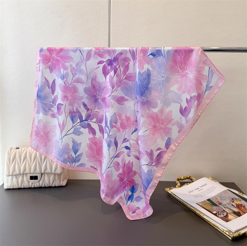Floral Print Soft Square Silk Scarfs For Women Fashion Decorate Neckerchief Neck Ties Kerchief Lady Summer Beach Hijab Female