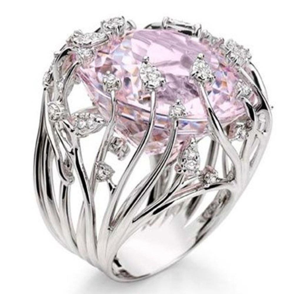 Women Pink Crystal Rings Unique Tree Branch Design with Sparkling Diamonds Trendy Accessories