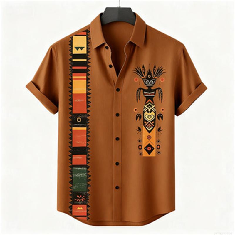 Men's Retro Style Casual Shirts Men's Tops with Tribal Prints, Short-sleeved Casual Beach Shirts, Hawaiian Style Shirts