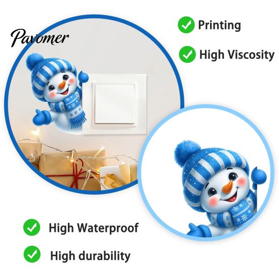 Removable Wall Sticker Cute Snowman Switch Sticker, Self-Adhesive PVC Decorative Decal, Blue And Holiday Socket Panel Cover White Winter Theme Art for