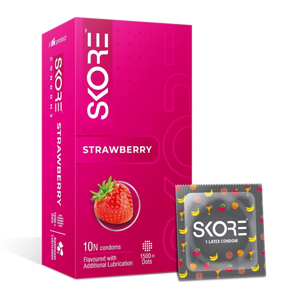Skore Fruit Basket Flavoured Condoms Combo Pack of 4, X10 Pcs Orange Banana Cherry Strawberry Dotted Latex Rubber