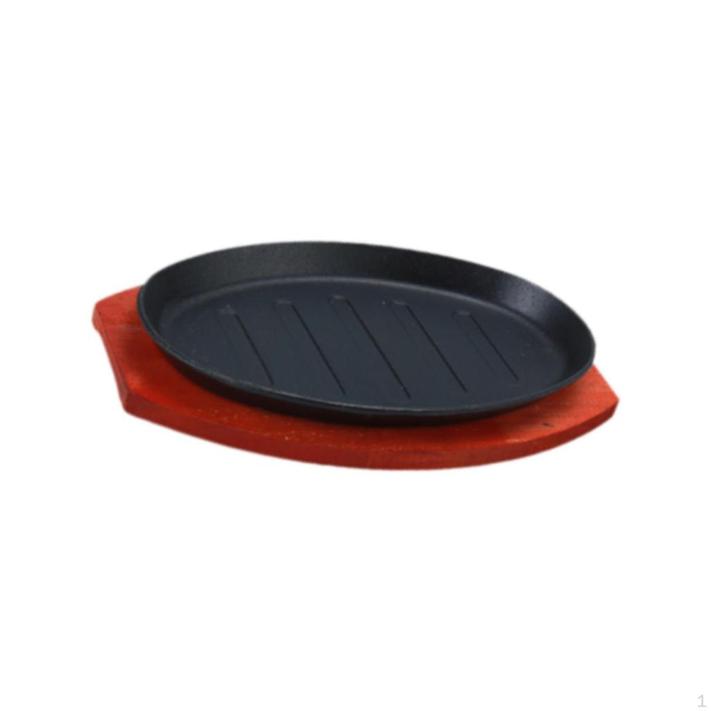 Cast Iron Steak Plate Fajita Pan with Wood Tray Serving Sizzling Dish