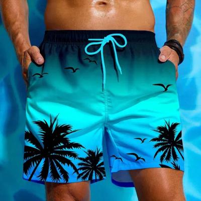 Sommerurlaub Herren Boardshorts mit Palmen-Print und Kordelzug in der Taille, modische Badehose mit 3D-Print, atmungsaktive kurze Streetwear