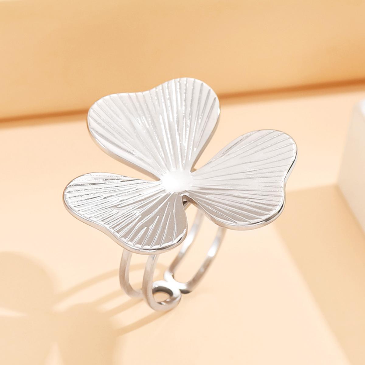 Adjustable Four-Leaf Clover  Pearl Stainless Steel Ring – Women s Elegant Accessory