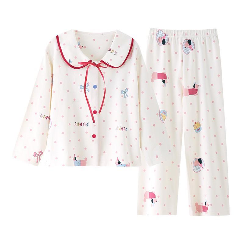 Cotton Girls Pajama Set Long Sleeve Cartoon Print Sleepwear Kids Teens Home Wear