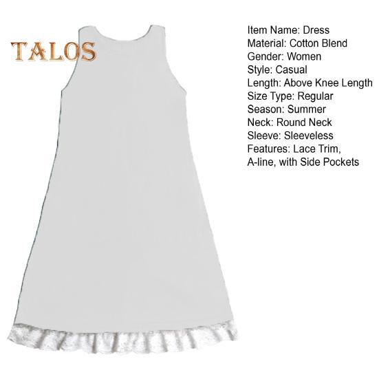 Lady Sundress with Side Pockets Lace Trim Hem A-line Sleeveless Round Neck Solid Color Mini Dress Summer Short Dress for Beach Dating Daily Wear