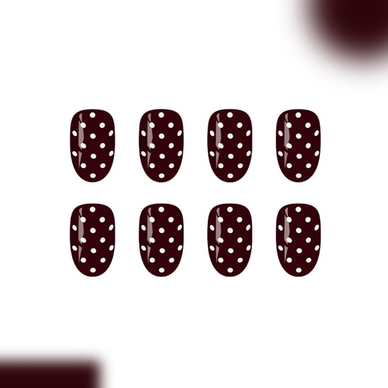 French Style False Nail Wine Red White Dots Multiple Size Easy Application Long Lasting Press On Nail for Women