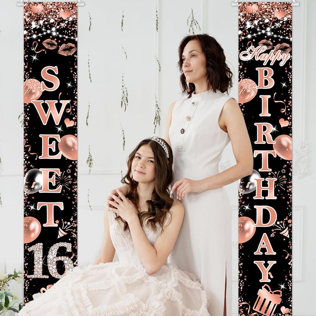 Avezano Sweet 16 Banner Rose Gold Sweet 16 Happy Birthday Porch Signs 16th Birthday Decorations for Girls Sweet Sixteen Year Old Birthday Banner