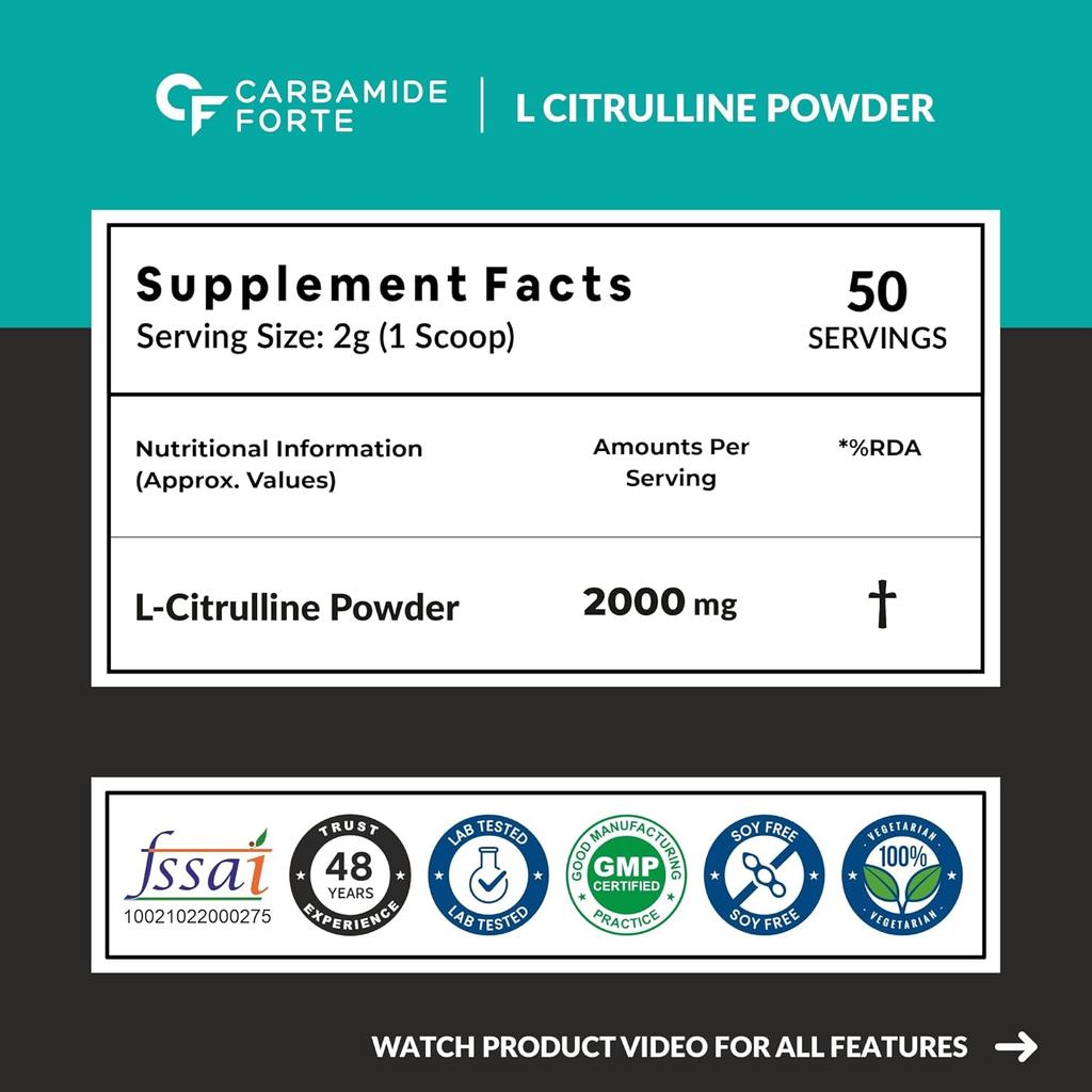 Carbamide Forte L Citrulin Prášek 2000 mg Předtréninkový doplněk Bez příchuti 100 g 50 porcí Svalová pumpa Vytrvalost