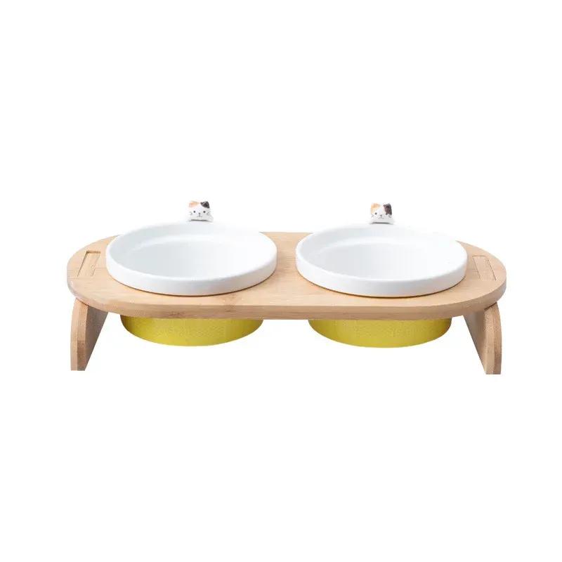 Cartoon Pets Double Bowl Dog Cat Food Water Feeder Stand Raised Ceramic Dish Bowl Wooden Table Pet Supplies Cat Bowls