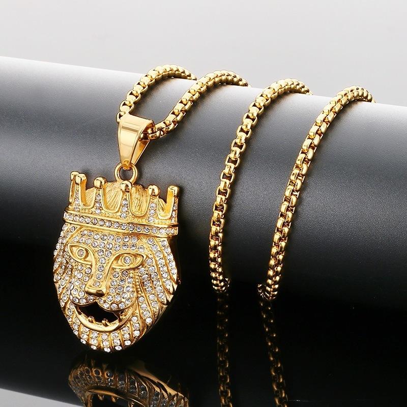 Exaggerated Rock Necklace Hip Hop Crown Lion Head Pendant for Men 60CM