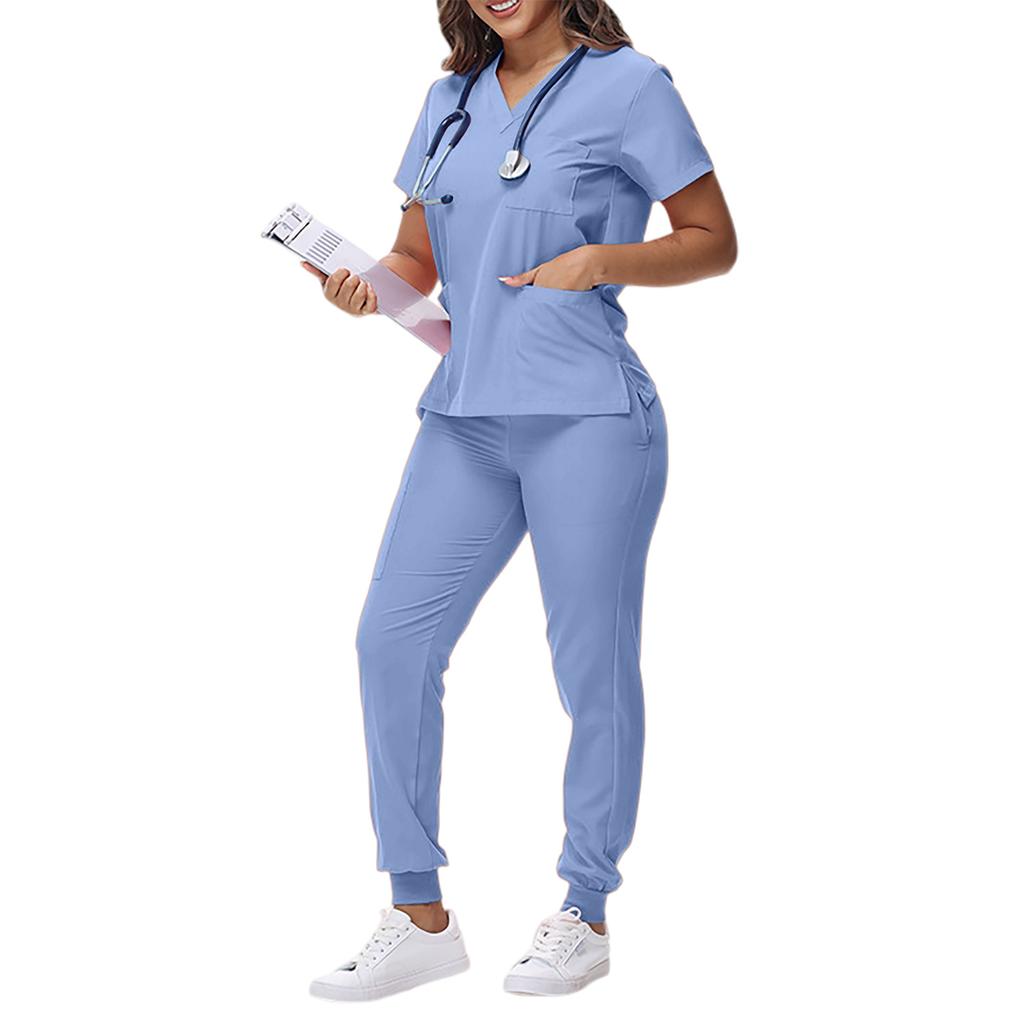 Women's Loose And Comfortable V-neck Short Sleeved Workwear With Tie Up Top And Waist Cinching Beauty Suit Set