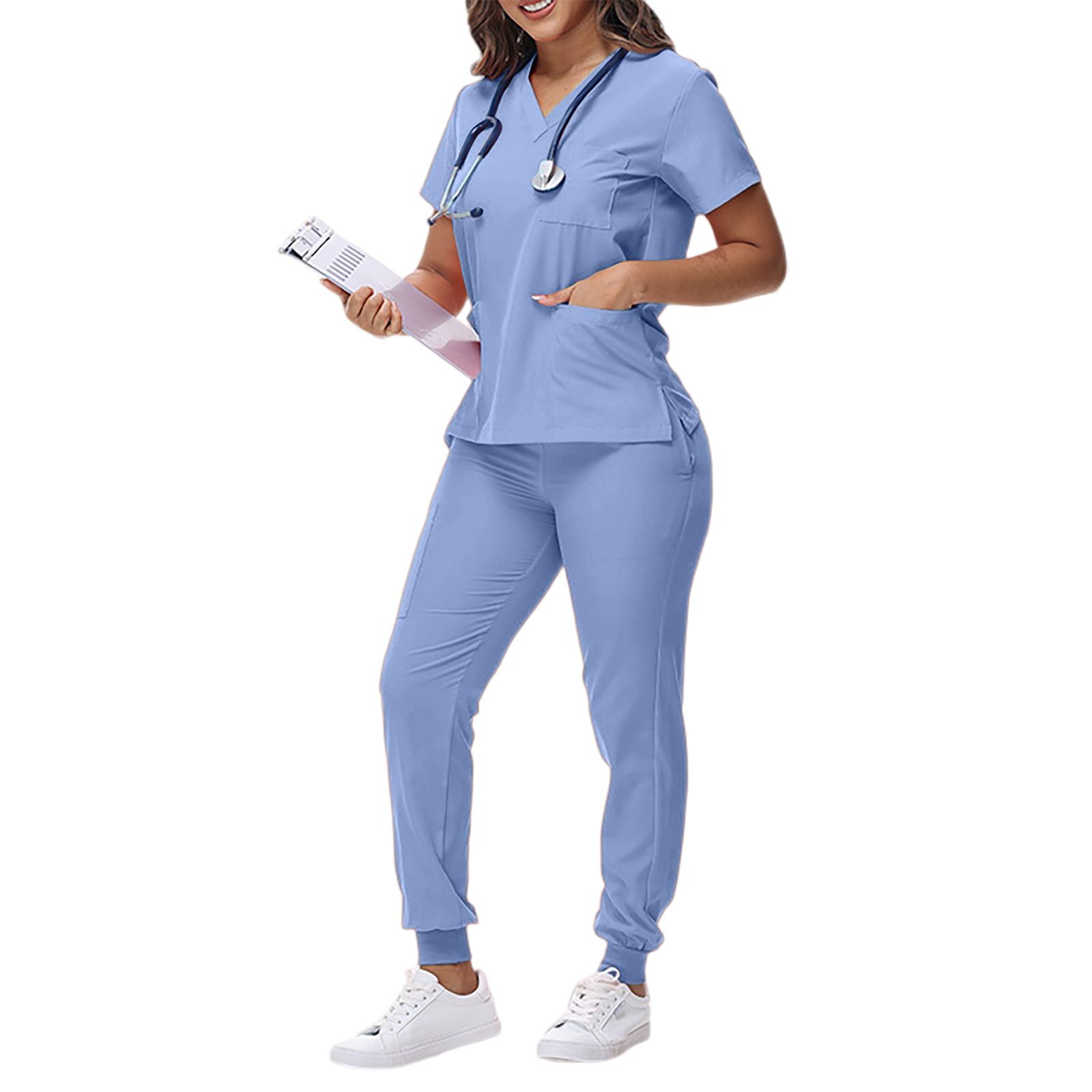 

Women s Loose And Comfortable V-neck Short Sleeved Workwear With Tie Up Top And Waist Cinching Beauty Suit Set L