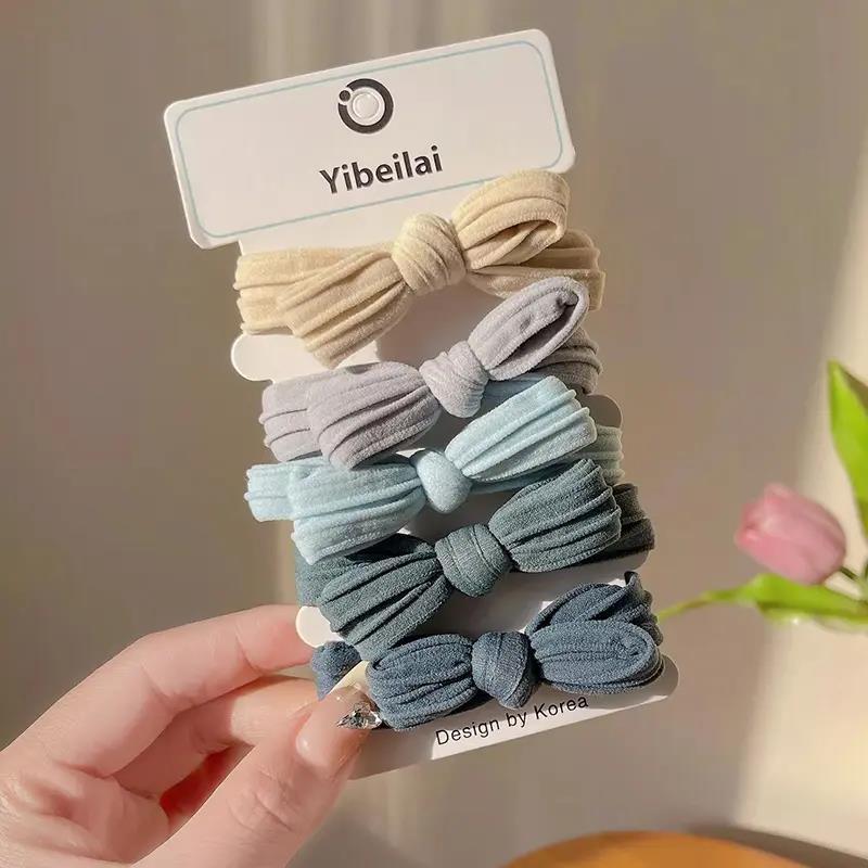 5pcs/Set Simple Bow Hair Ties Ropes Colorful Elastic Seamless Ponytail Holder Rubber Band For Toddler Girls