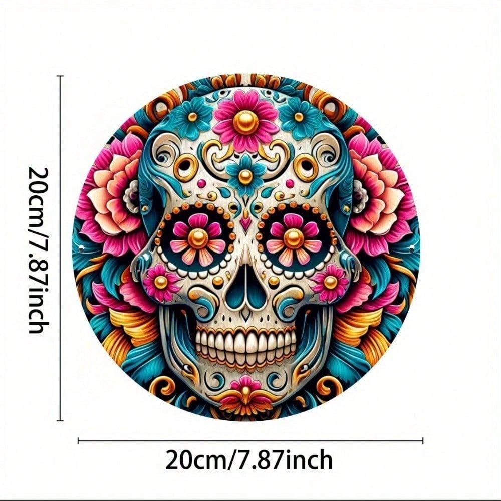 Retro Day of The Dead Metal Tin Sign, Sugar Skull Wall Art, Vibrant Home Bar Kitchen Pub Decor, 2D Flat Plaque