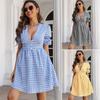 Women's Fashion Summer Spring Plaid Print Short Sleeve V-Neck High Waist Casual Dresses