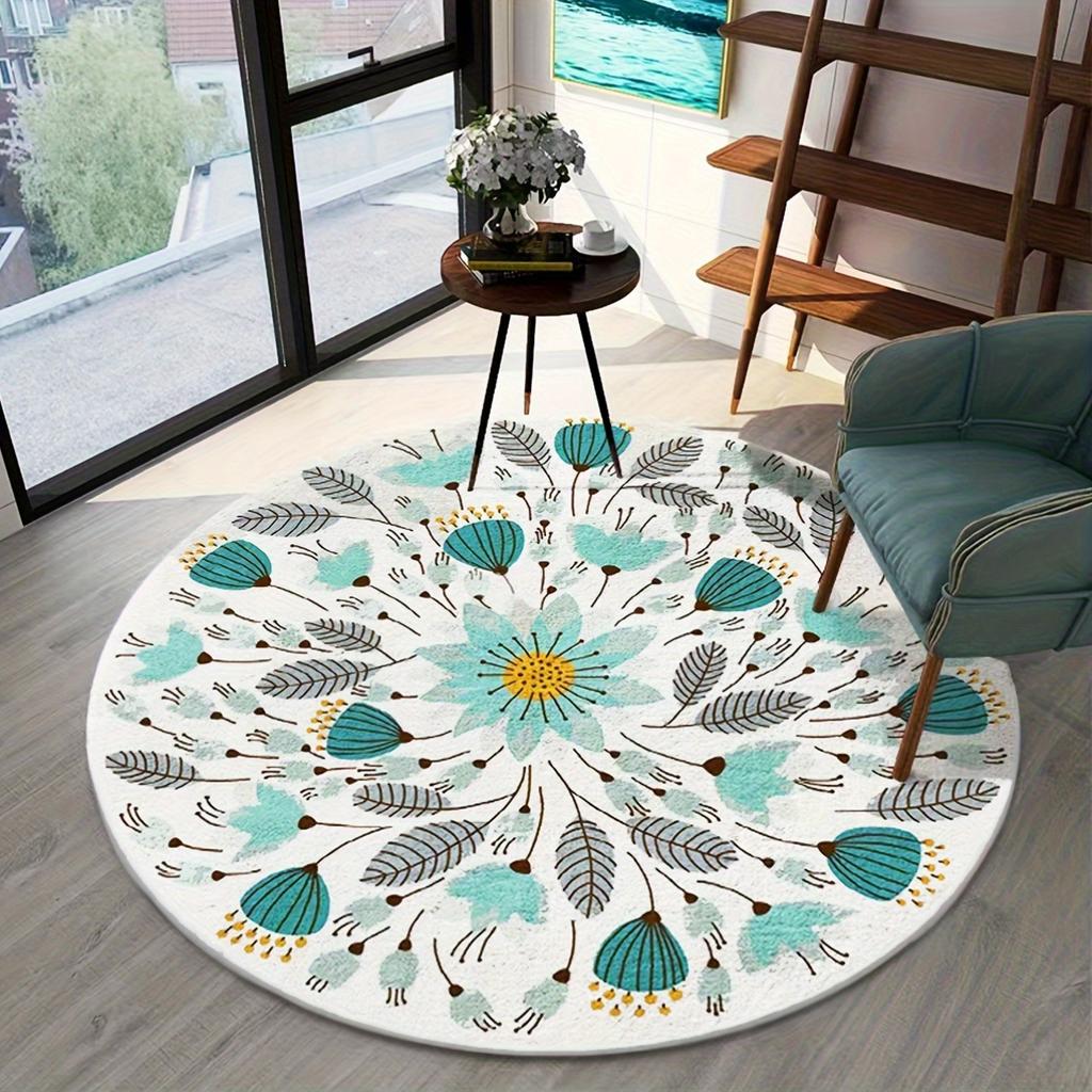 Crystal Velvet Carpet1pc Round AntiSlip Washable Mat With Floral Pattern Teal And Blue Leaf Design, Soft Polyester Material, Per