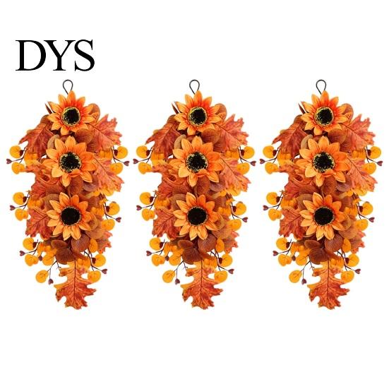 Decorative Sunflower Berries Garland Fall Maple Leaf And Teardrop Swag for Farmhouse Front Door Decor, 50x37cm Realistic Foliage Wreath Artificial