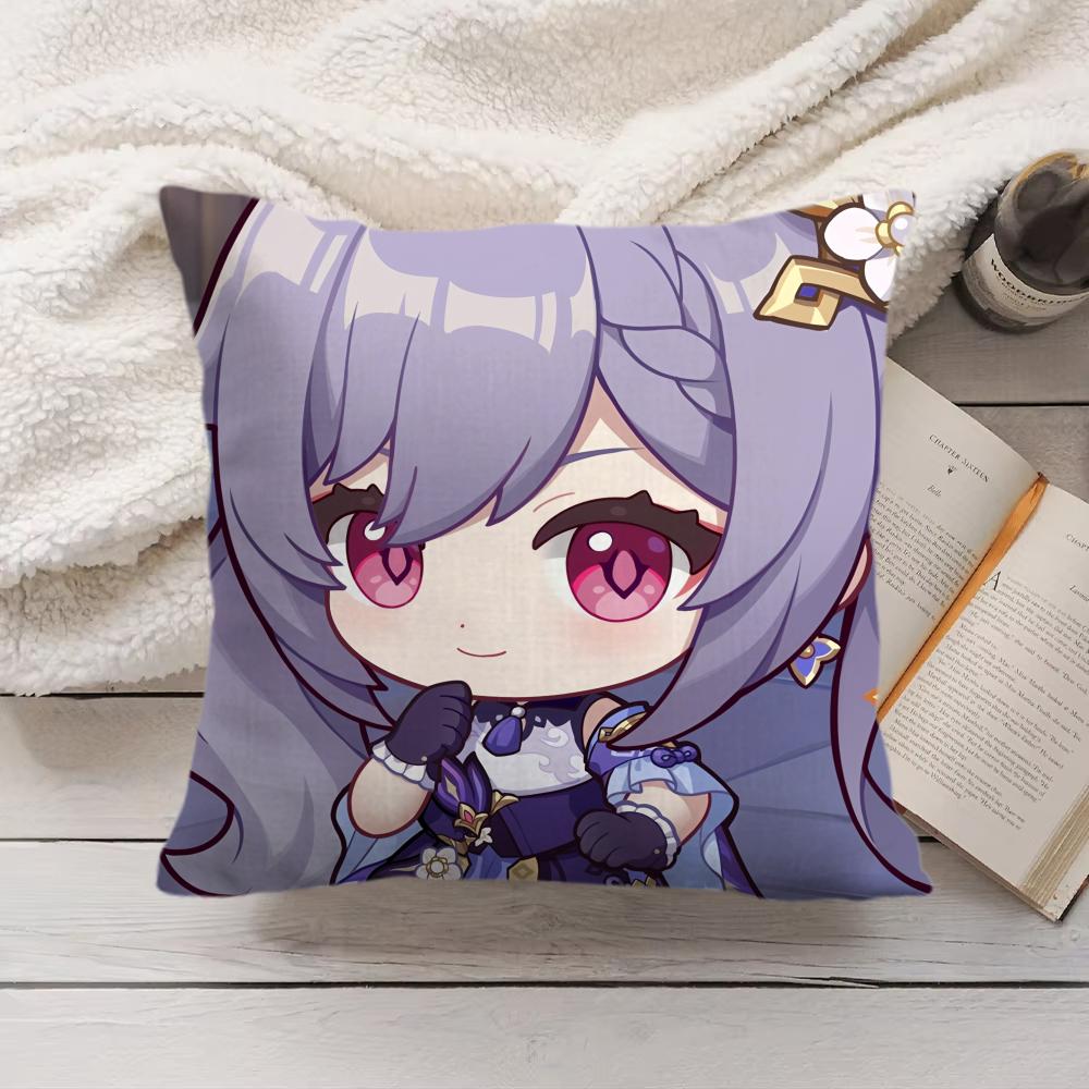 Keqing Cute Genshin Impact Cushion Cover Silky Short Plush Invisible Zipper Dustproof Sofa Pillow Case For Home Decor
