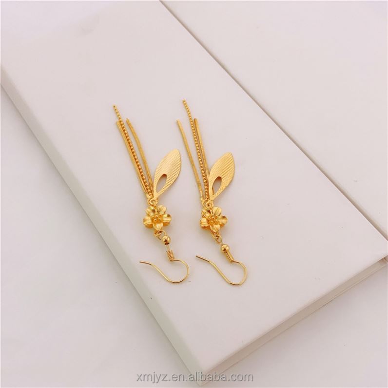 Vietnam Sand Gold Flower Earrings Ins Jewelry Plated 18K Gold Women'S Korean Version Long Leaf Tassel Earrings