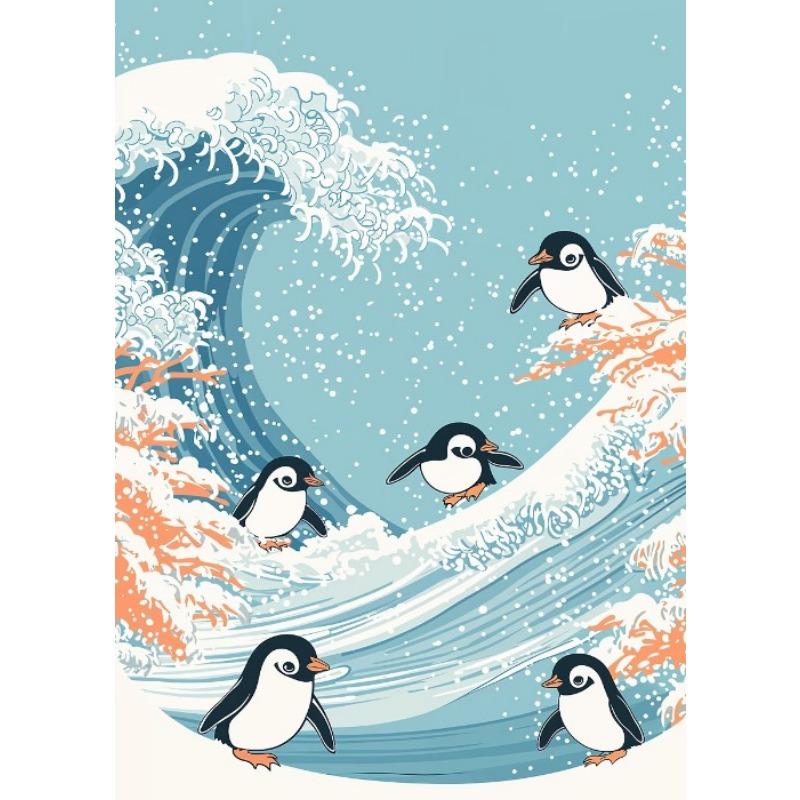 Retro Japanese Cartoons Animals Illustration Poster Wave Panda Cat Penguin Cute Animals Prints Kids Room Nursery Room Canvas Art