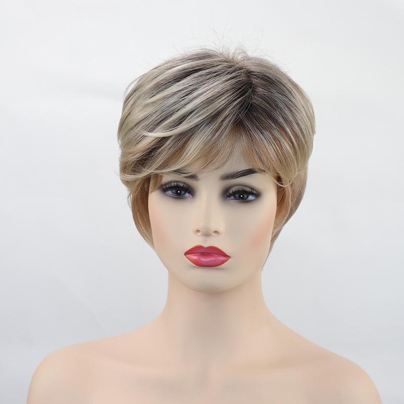 

Синтетический парик омбре блонд коричневый с челкой короткие волнистые парики темные корни для женщин повседневное использование для косплея термостойкое волокно золотисто-коричневый