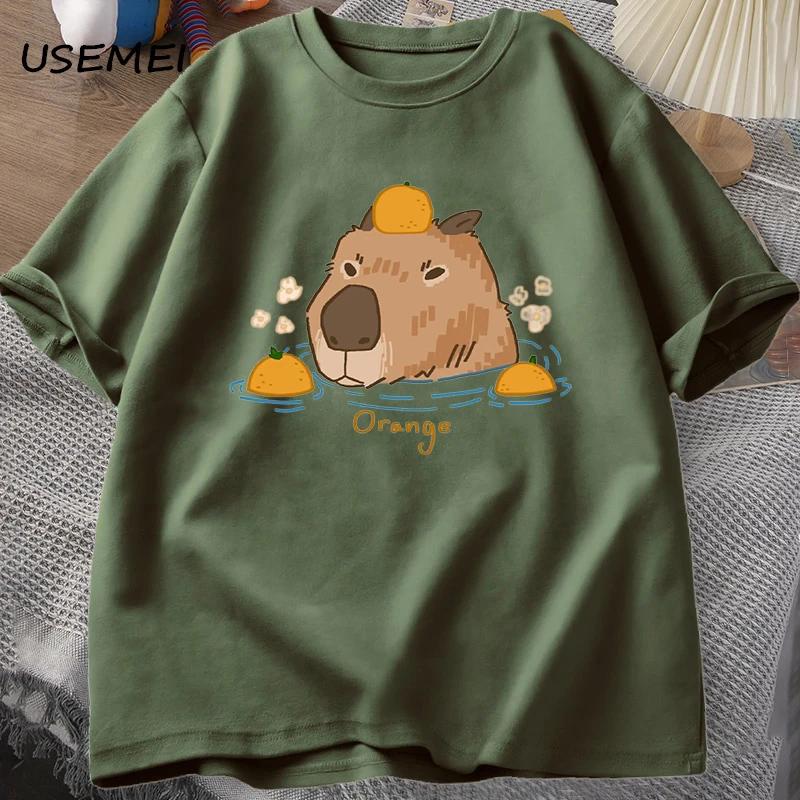Capybara Swimming with Oranges Tshirts Oversize T Shirt Unisex Cotton Shrot Sleeve Cartoon Animal Tshirt Round Neck Top Clothes