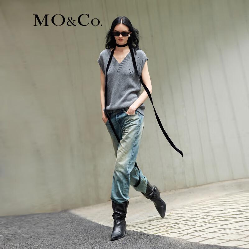 MO&Co. Wool Cashmere Distressed V-Neck Sweater