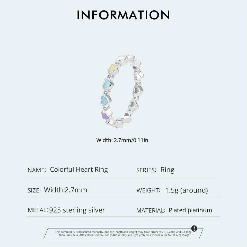 BAMOER 925 Sterling Silver Prsten s duhovým srdcem Stohovatelný zirkonový prsten pro ženy Trendy módní šperky Dárek
