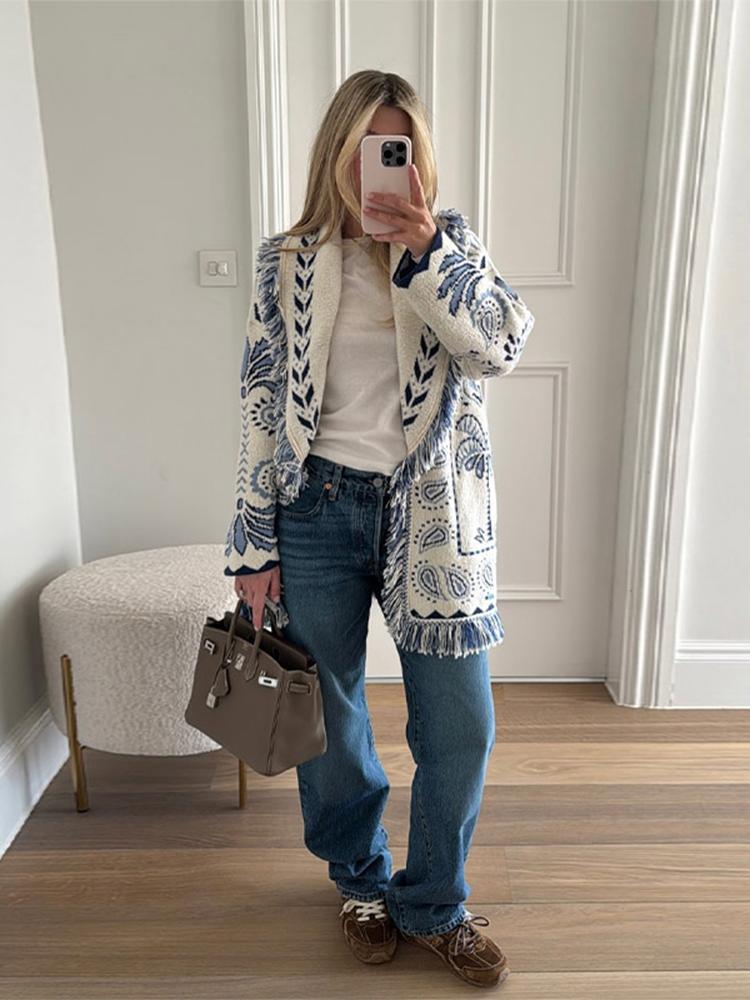 Women's Tassel V-neck Sweater Cardigan Ladies' Ethnic Style Sweater Jacket Ladies' Warm Waist Knitted Sweater Autumn and Winter