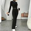 2Pcs/Set Women Solid Color Knitting Outfit Turtleneck Long Sleeve Cropped Tops High Waist