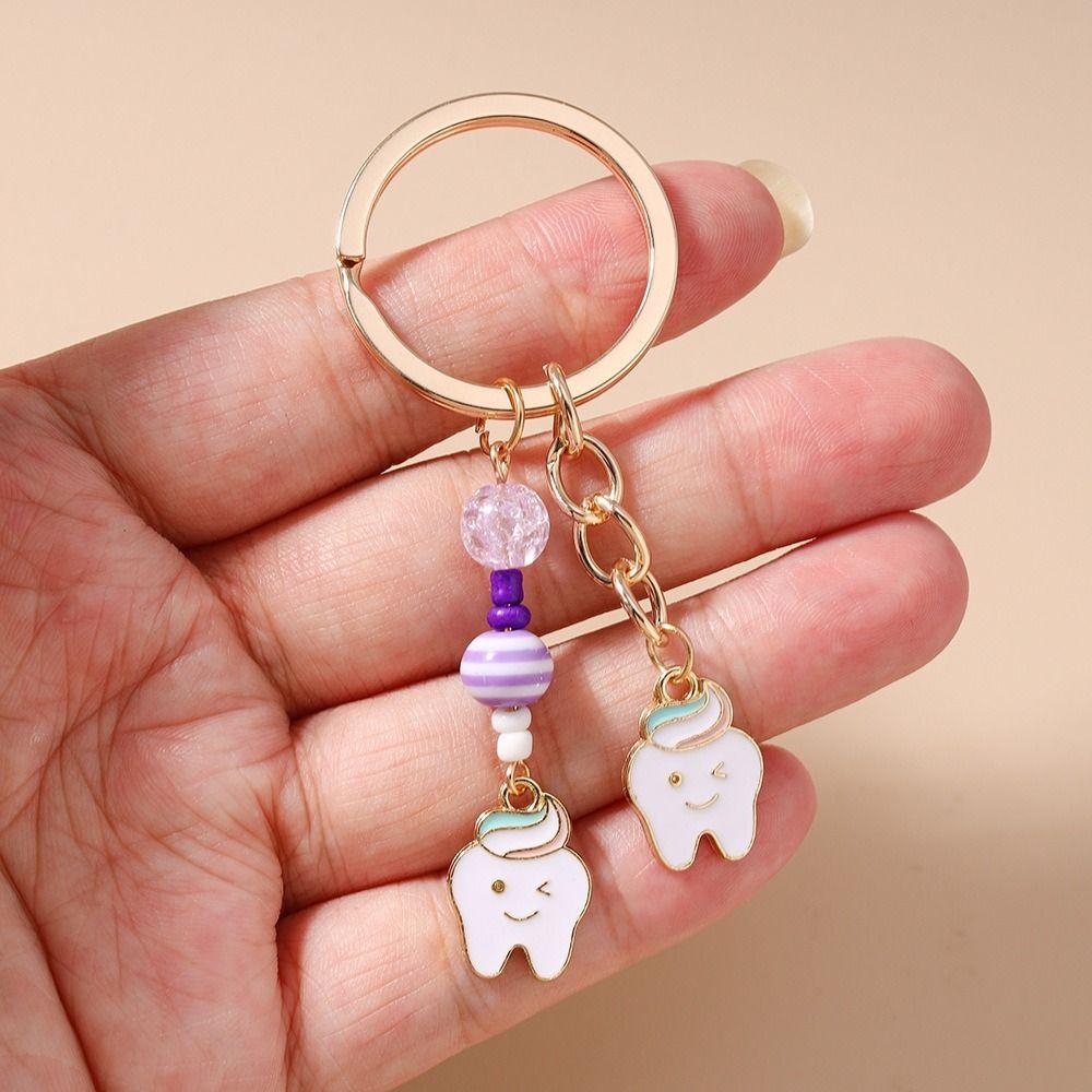 Pearl Accent Enamel Tooth Keychain Kawaii Design Key Ring Pendant Handbag Accessories