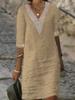 New Solid Color V-Neck Mid-Sleeve Cotton Elegant Dress
