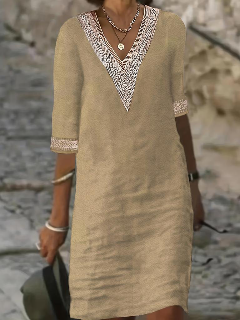 New Solid Color V-Neck Mid-Sleeve Cotton Elegant Dress