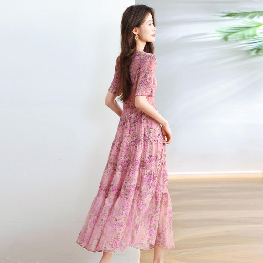 Summer new fashion pleated V-neck floral thin temperament elegant pendulum dress