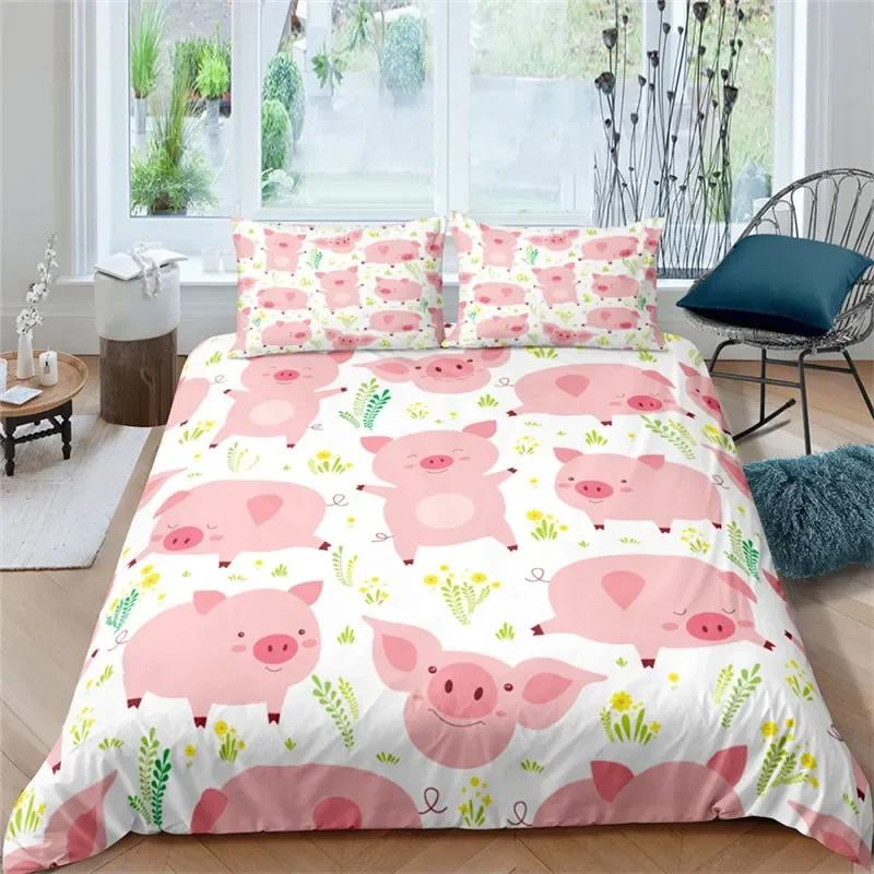 

Cartoon Lovely Pig Duvet Cover Set Cute Animals Bedding with 2 Pillowcases King Farmhouse Wildlife Themed Comforter Cover 3 Pcs EU Single(135x200cm)