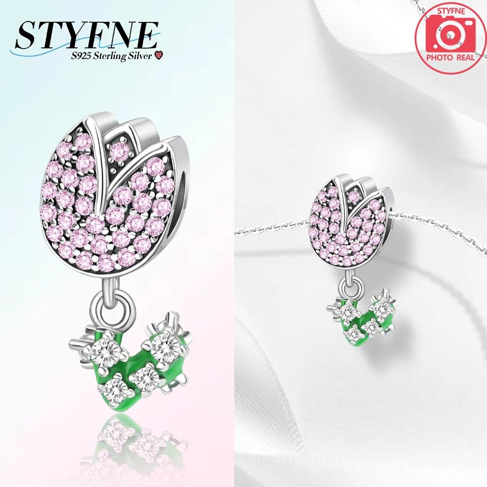 Authentic copper Colored Flower Pendant Pink Plants Lucky Charm Bead Charms Bead Charms Compatible With Bracelets Women Accessory Fine Gift Diy Jewell