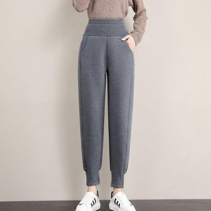 Women Winter Thick Warm Pants Lambskin Cashmere Pants High Waist Black Harem Long Trousers Wool Cold Resistant Pants PELEDRESSS