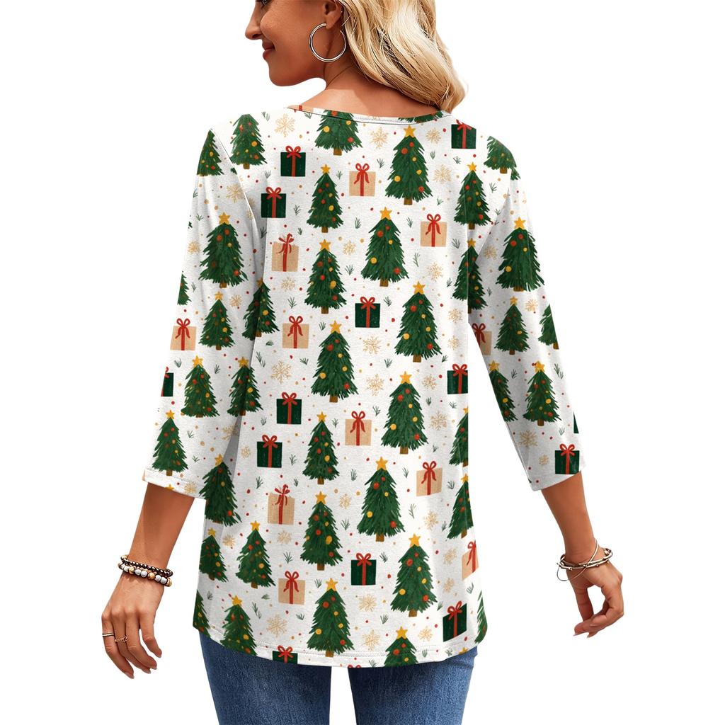 Women's Fashion Casual Christmas Print V-Neck Three-Quarter Sleeve Blouse