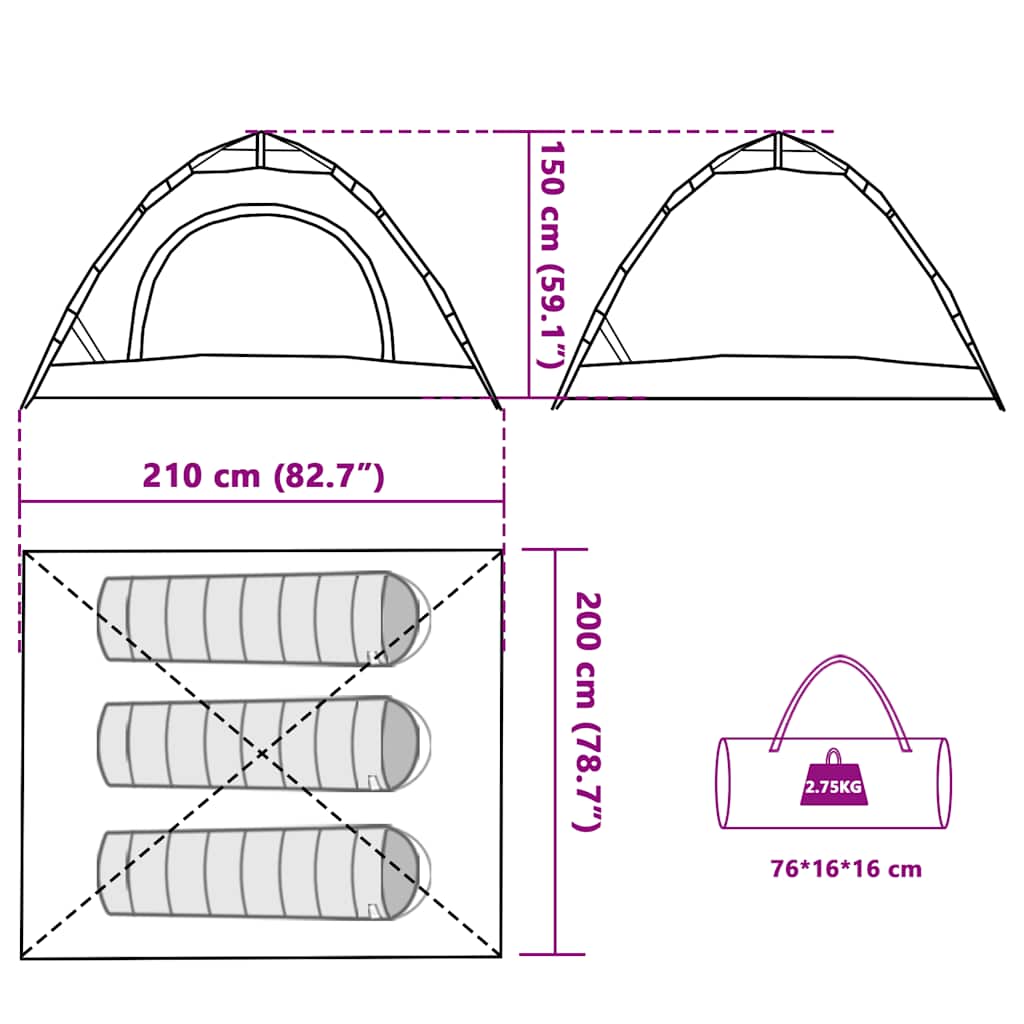 3 Person Camping Tent Grey and Orange Quick Release System