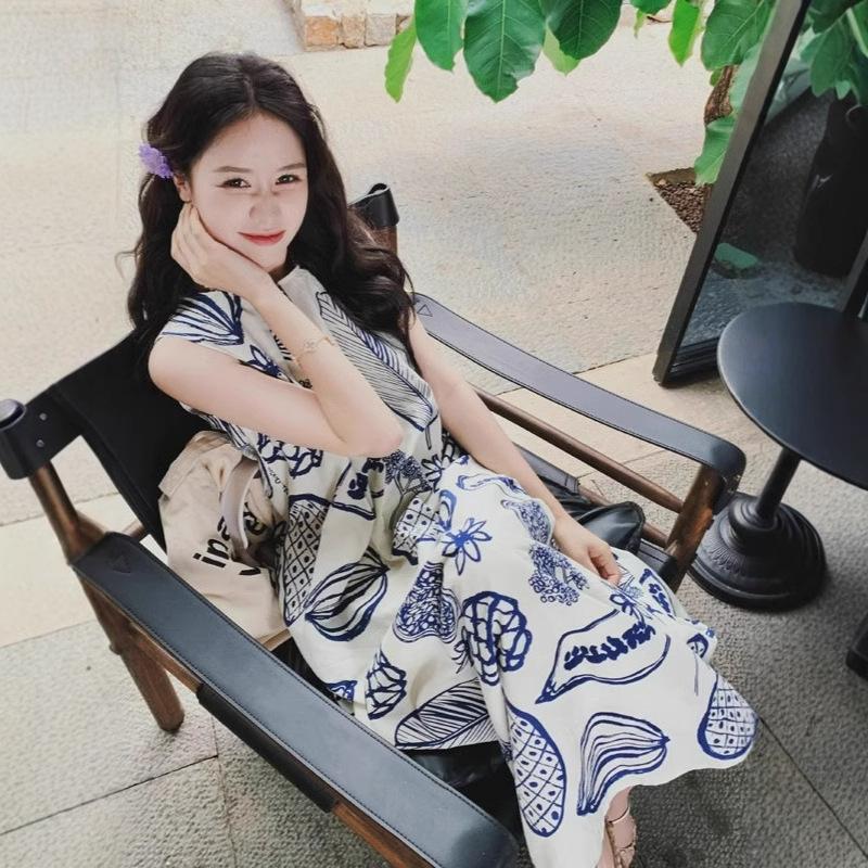 Light-fashioned Seaside Vacation and Casual Literary Style Printed Long Skirt for Women In Summer New Gentle Temperament Sleeveless Dress