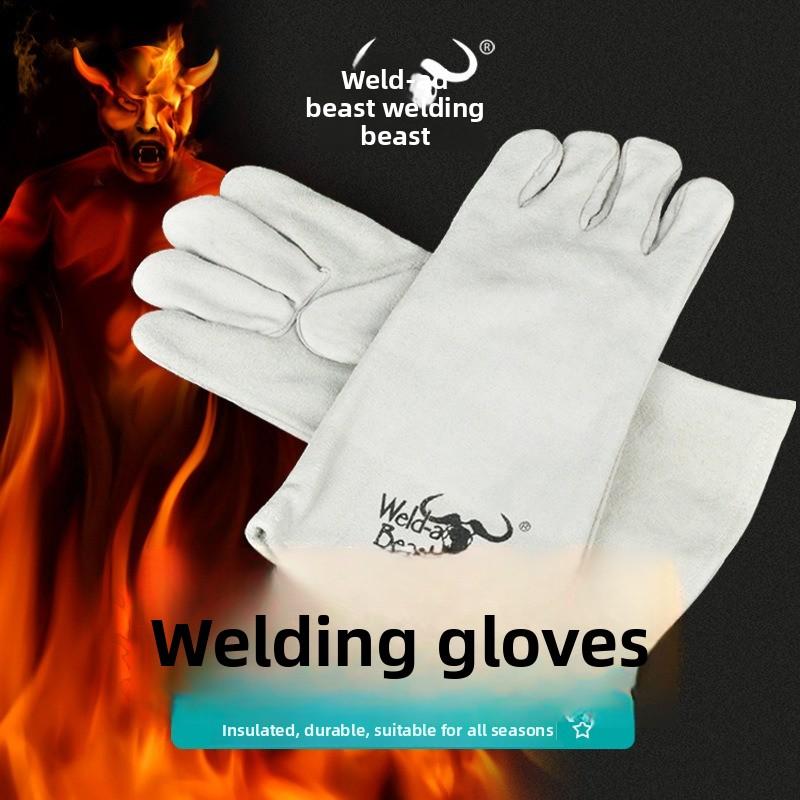 Welding Beast Welding Gloves - Extended Length, Full Leather. Durable Cowhide, High-temperature Resistant