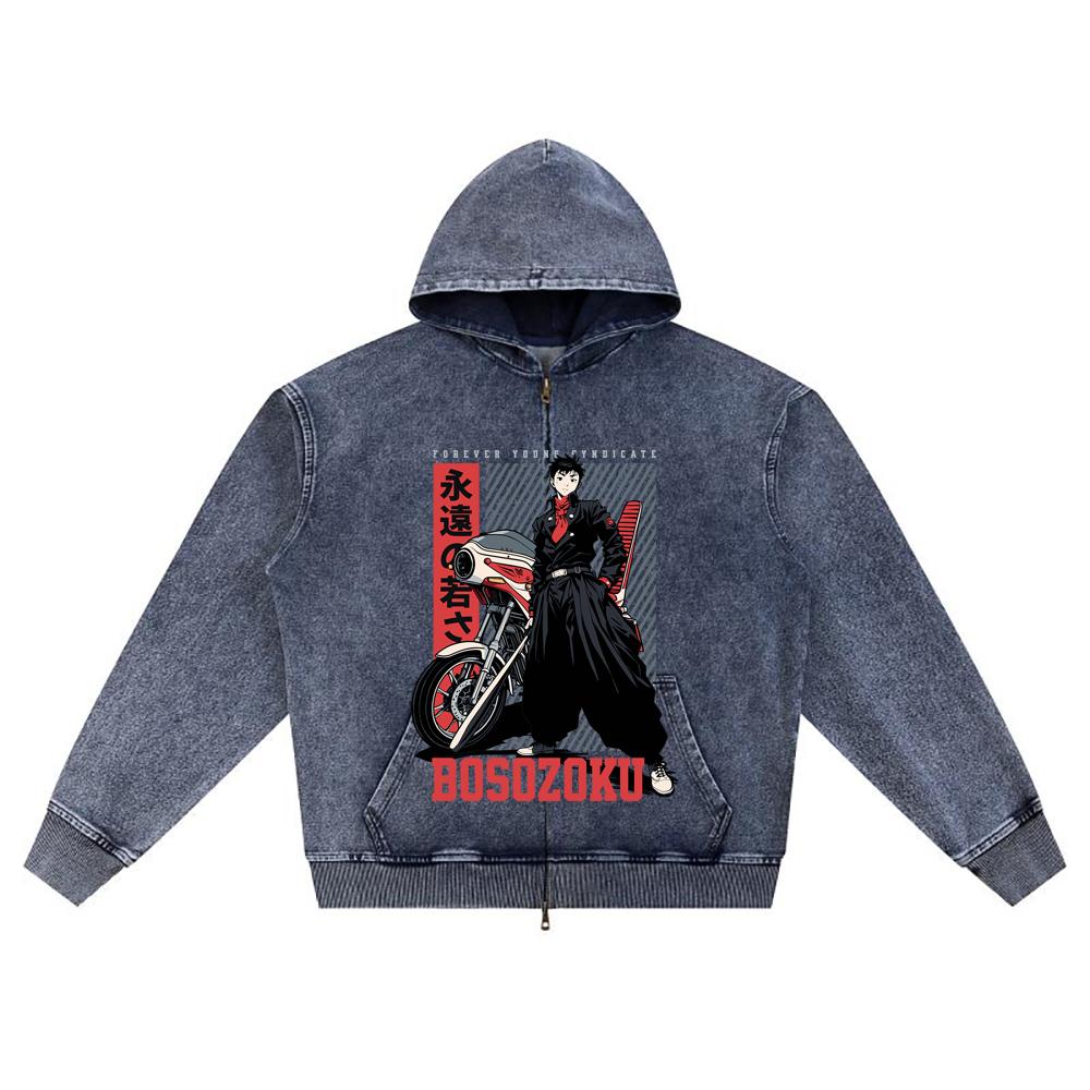 

DTG print Knitted Denim Zip-Up Hoodie streetwear Motorcycle Brother Print Zipper Hoodies XL темно-синий