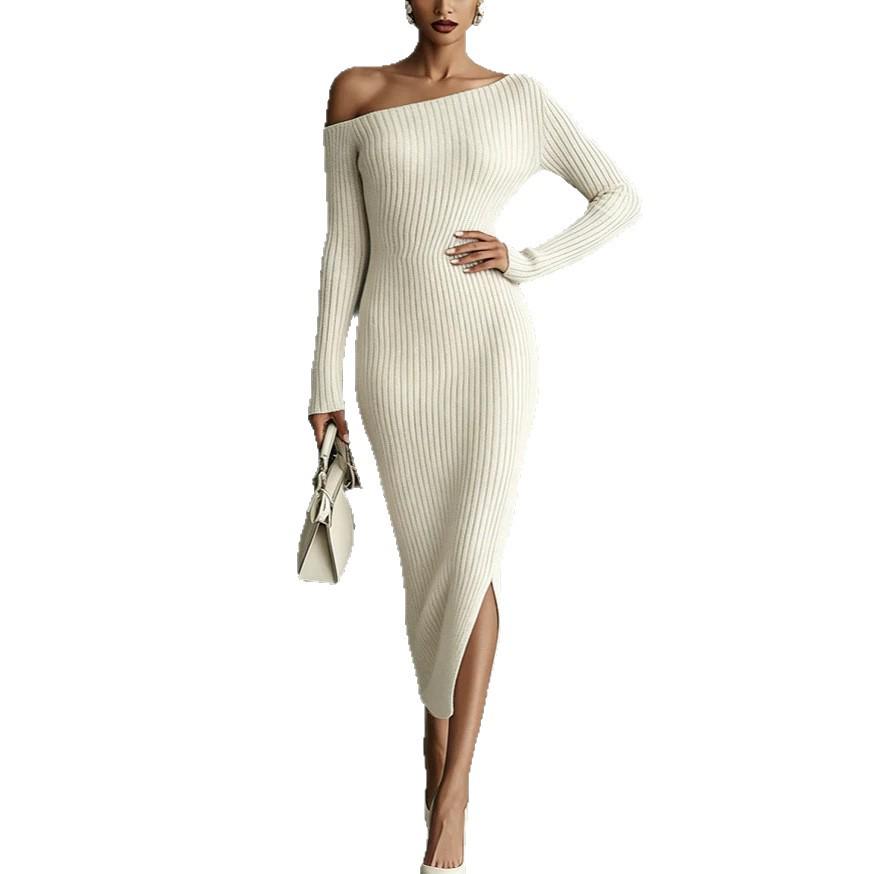 2026 European & American Women's One-shoulder Long Sleeve Slim Wool Dress - Autumn/Winter