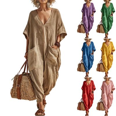 Damen Leinen V-Ausschnitt Overall mit Taschen Weiter Bein Romper