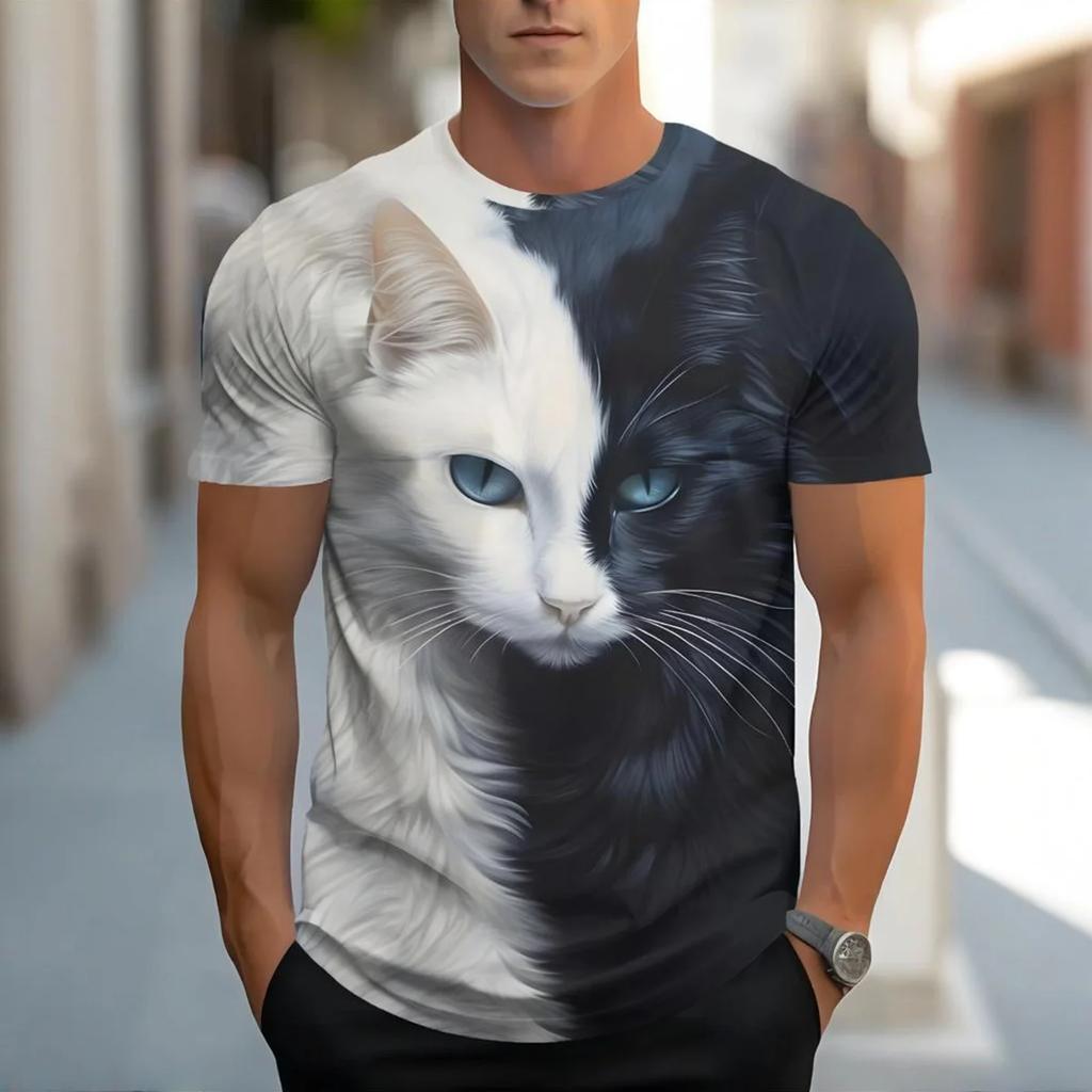 Męska Koszulka Casual z Drukiem 3D Kotek Kreskówkowy Krótki Rękaw Mikroelastyczna Tkanina Letnia Oddychająca Okrągły Dekolt Modny Top