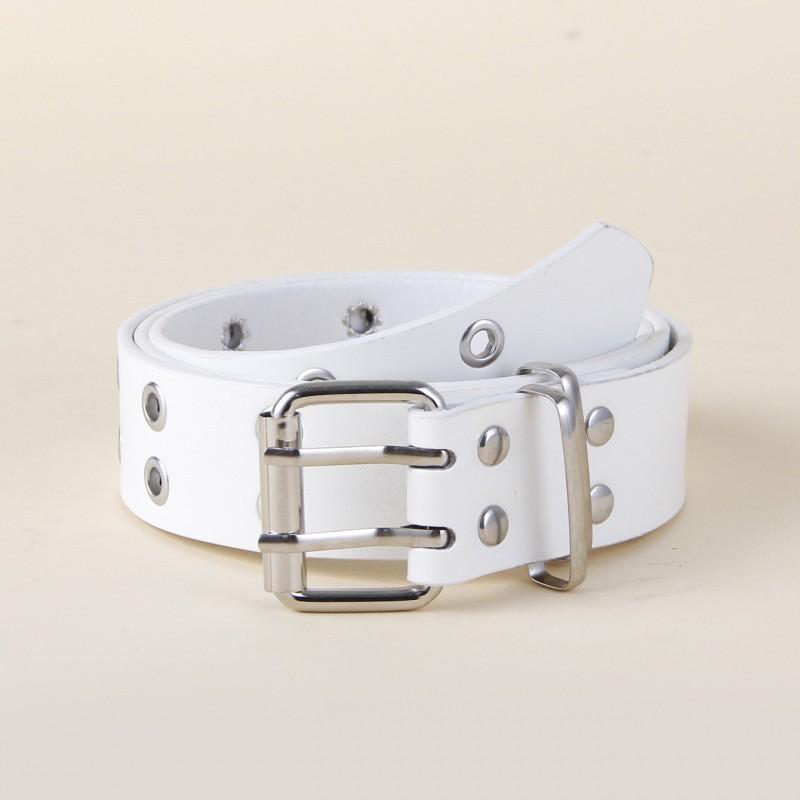 Punk Style Women Men Black Faux Leather Belt With Metal Chain Decor Double Row Buckle Casual Jeans Accessory