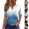 Women Casual Vintage Patchwork Print V Neck Short Sleeve T Shirt Top with Decorative Buttons Lightweight Soft Fabric