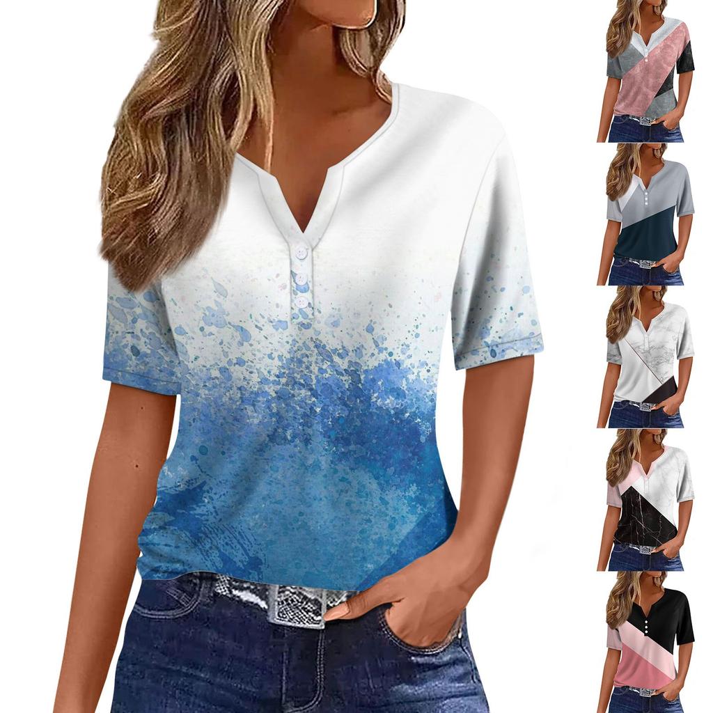 Women Casual Vintage Patchwork Print V Neck Short Sleeve T Shirt Top with Decorative Buttons Lightweight Soft Fabric