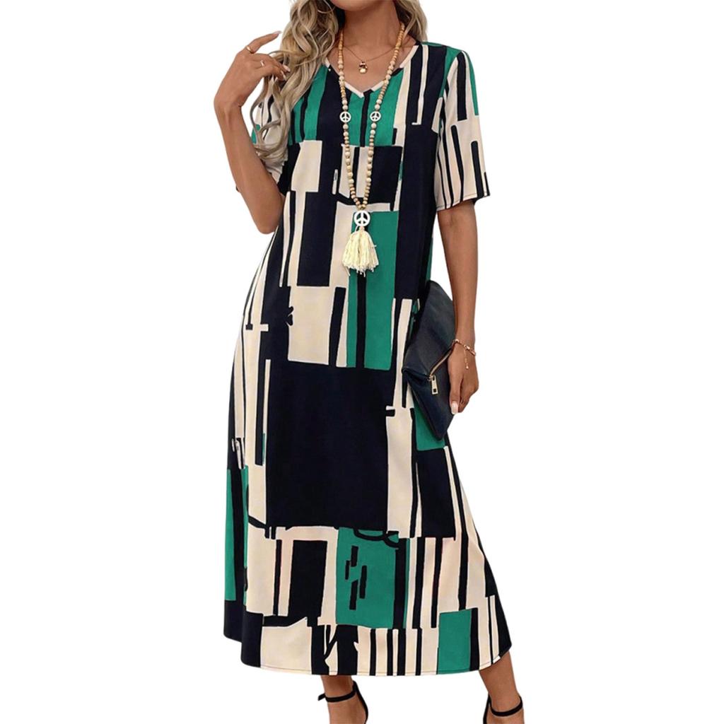 Women's Dresses Casual Printed V-Neck Short Sleeve Loose Long Dresses